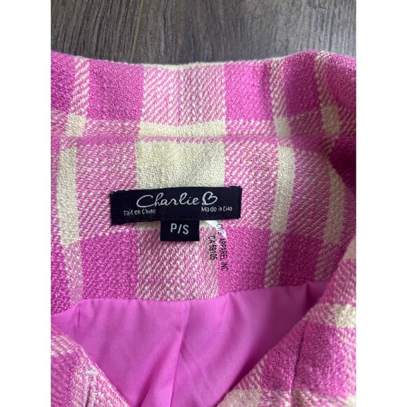 Charlie B Women’s P/S Pink Plaid Cropped Jacket Coat Button Front Preppy Shacket - Picture 5 of 7